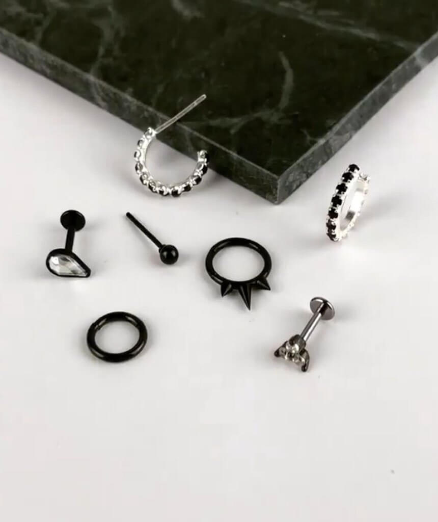 Black Sterling Silver Nose & Ear Hoop with 7 Gems