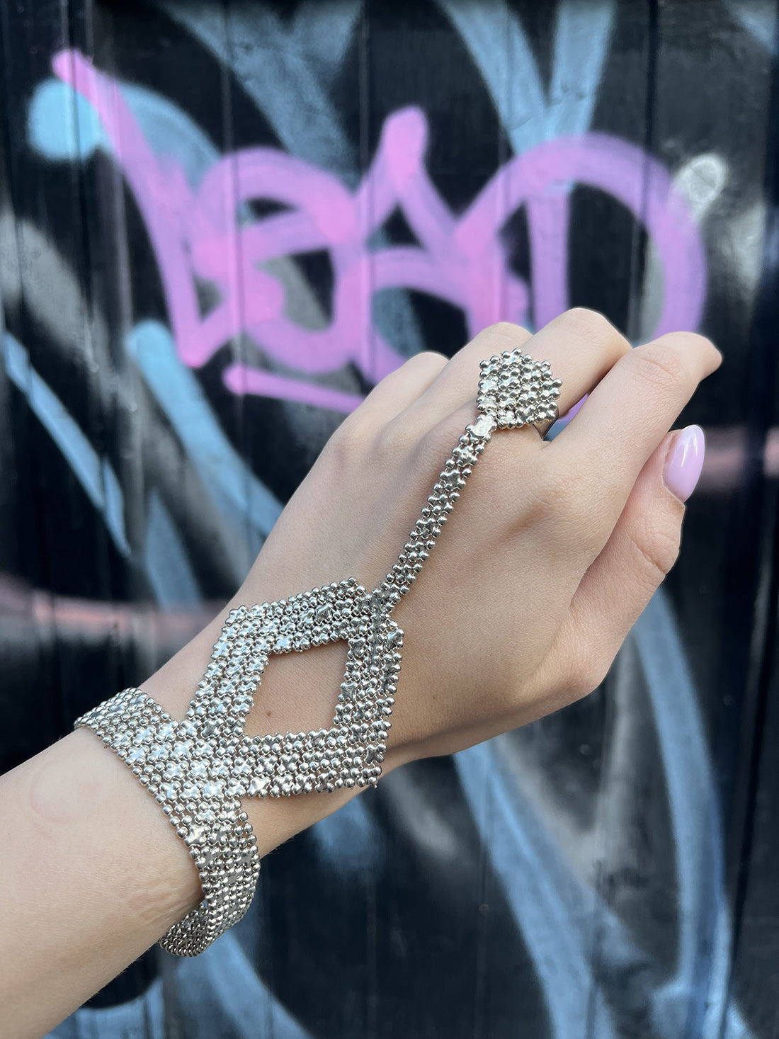 Silver Cuffed Cut Out Diamond Hand Harness