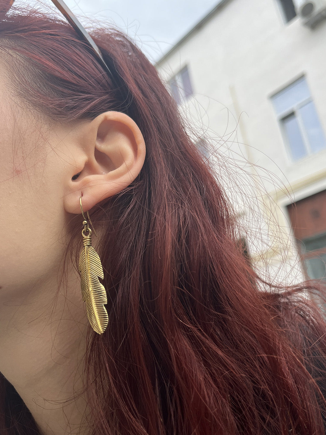 Gold Feather Drop Earrings