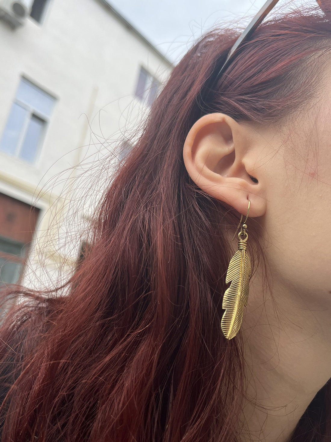 Gold Feather Drop Earrings