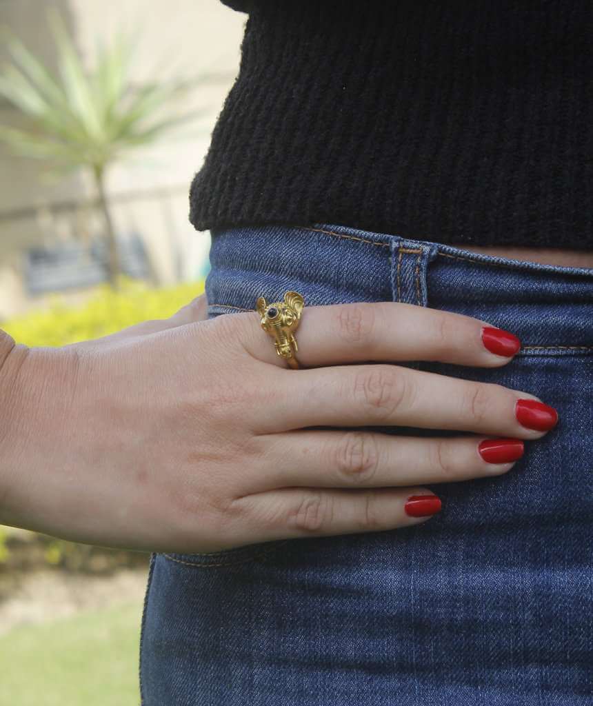 Gold & Green Elephant Ring with Semi Precious Stone