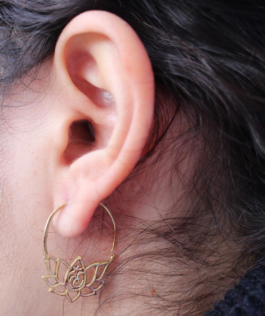 Gold Om Lotus Flower Earrings