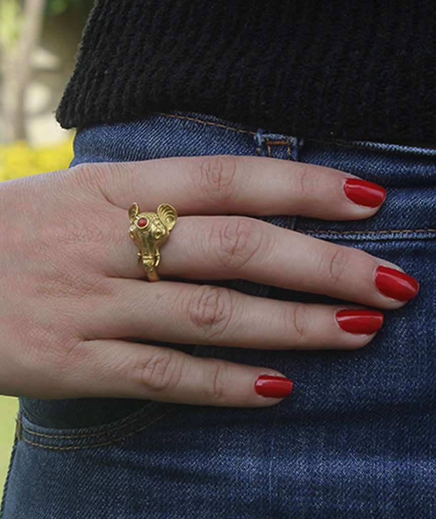 Gold & Red Elephant Ring with Semi Precious Stone