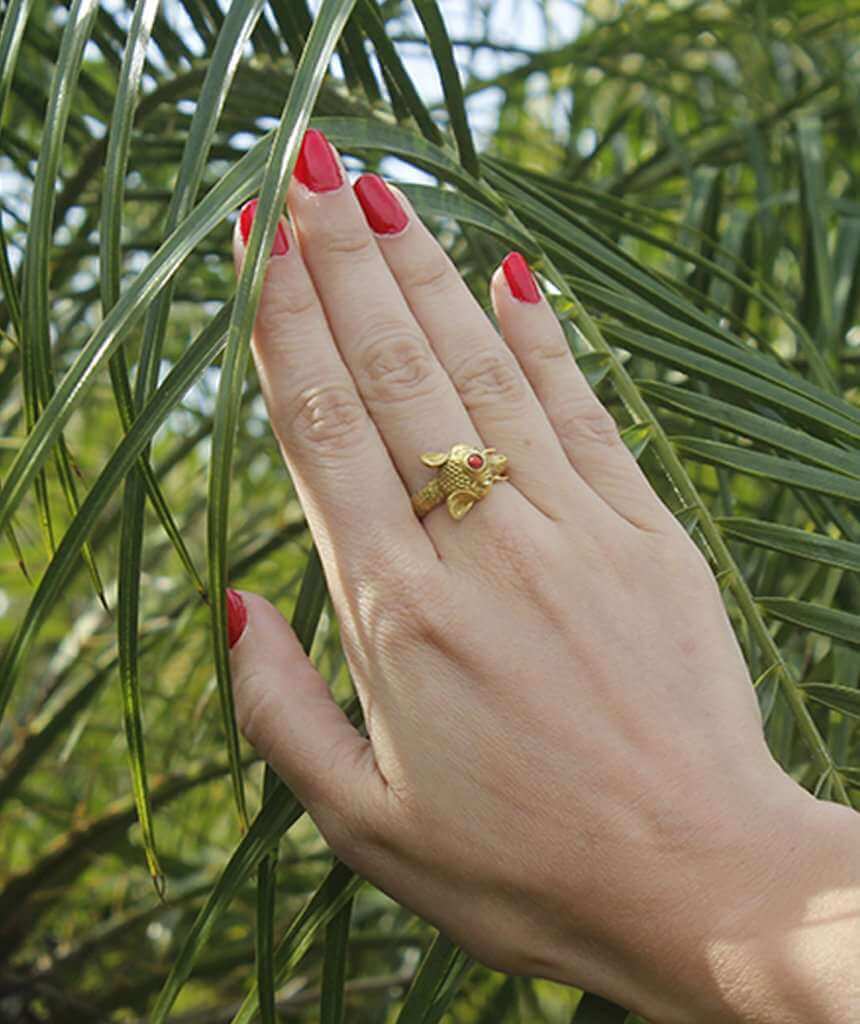 Gold & Red Elephant Ring with Semi Precious Stone