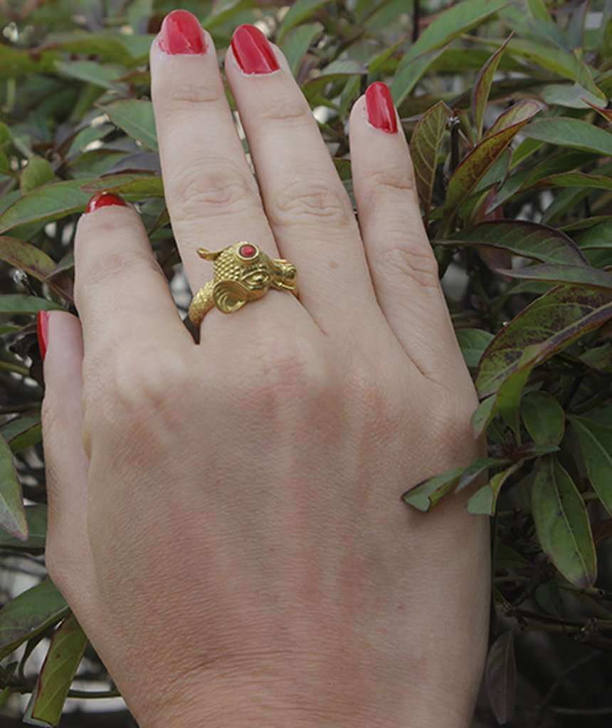 Gold & Red Elephant Ring with Semi Precious Stone