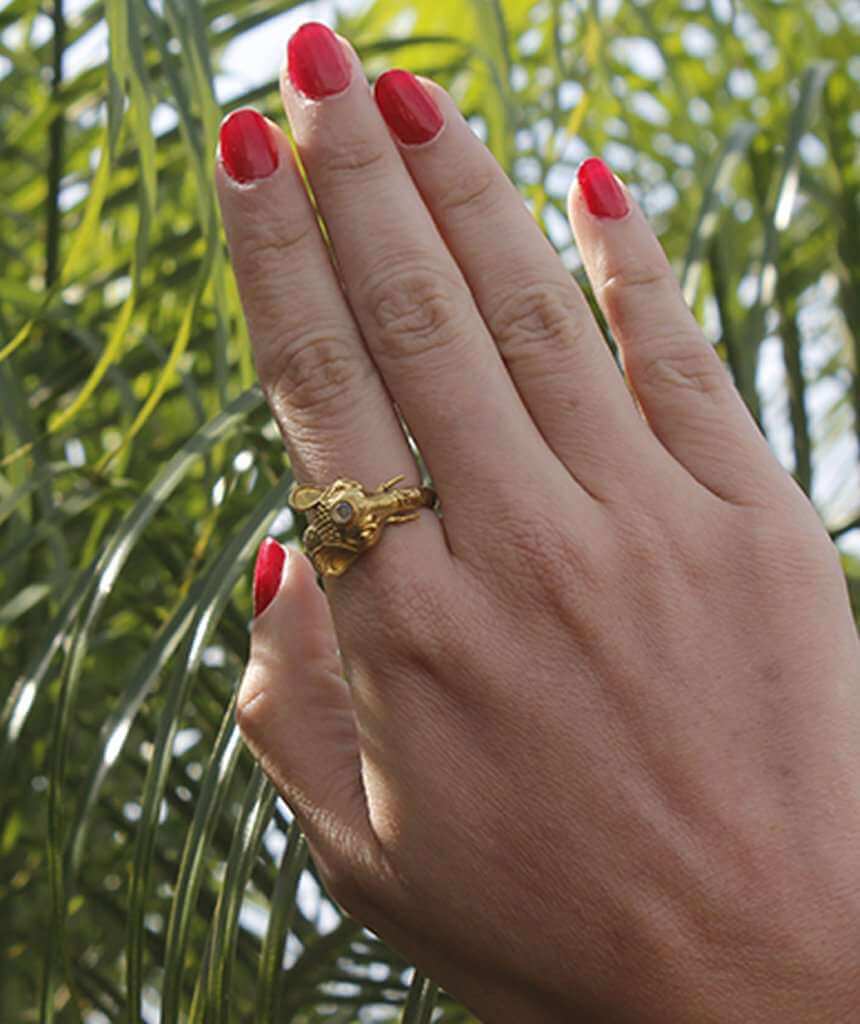 Gold & White Elephant Ring with Semi Precious Stone