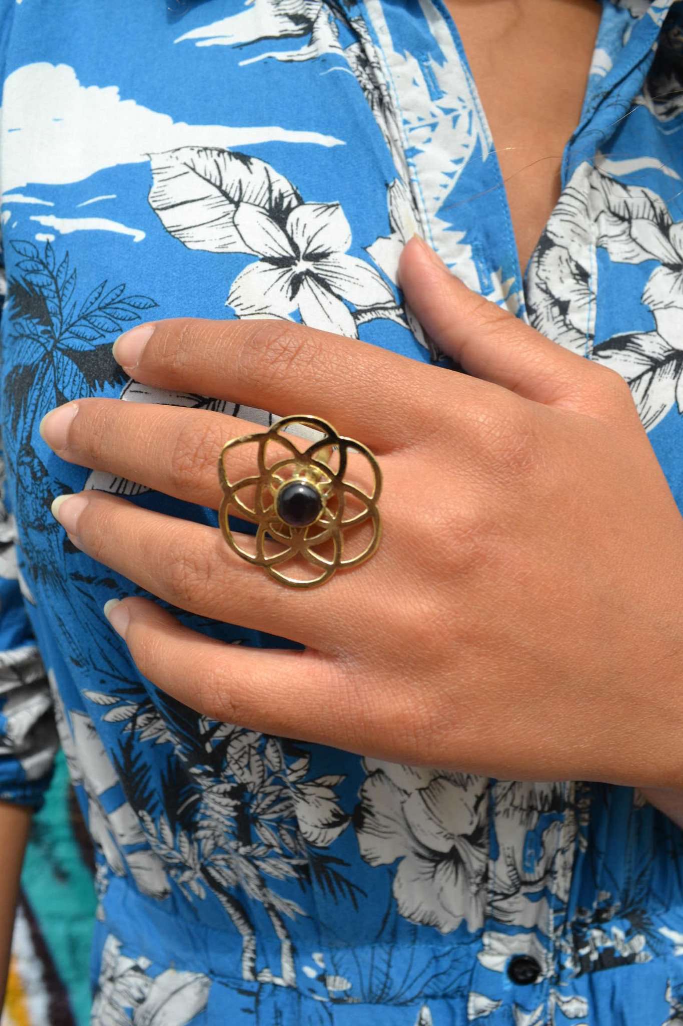 Gold Labyrinth Ring with Black Stone