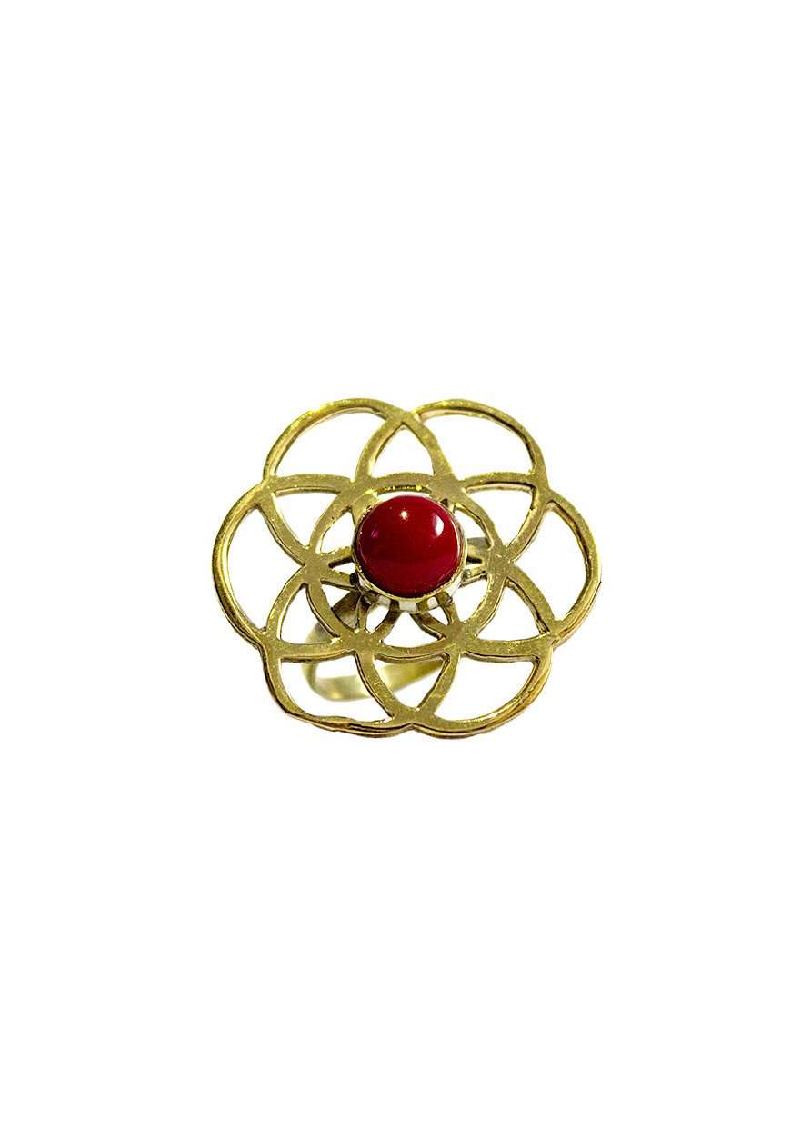 Gold Labyrinth Ring with Red Ruby Gremstone