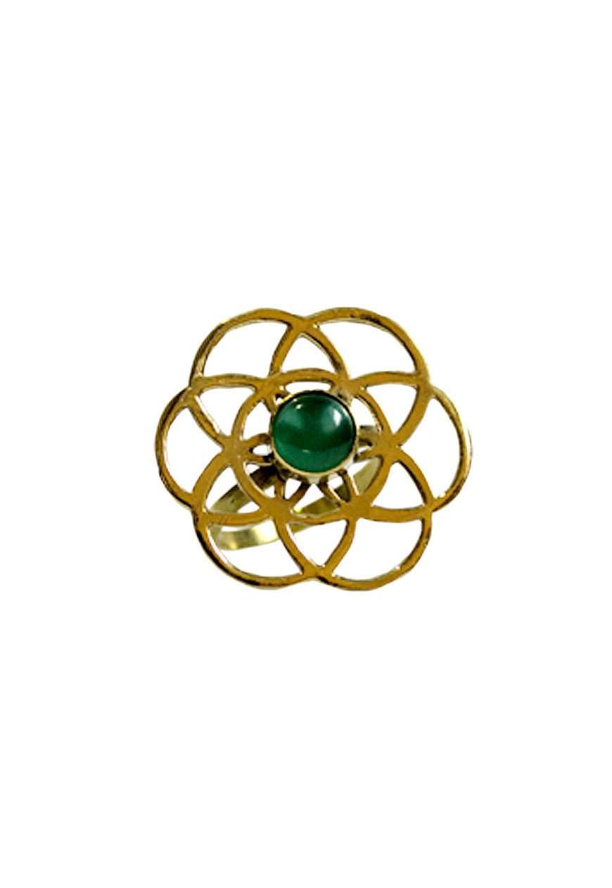 Gold Labyrinth Stone Ring with Green Emerald Stone