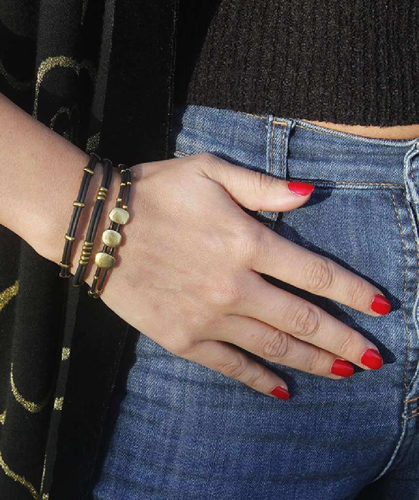 Leather Bracelet with Gold Beaded Accents