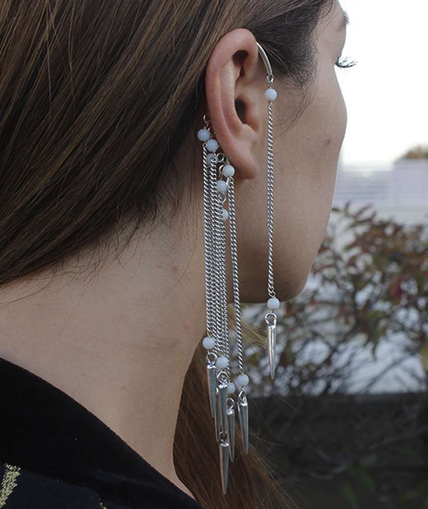 Silver Boho Earcuff Feathers with Beads