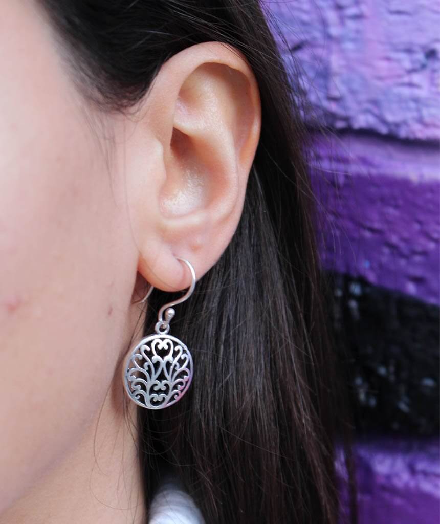 Silver Floral Drop Circle Earrings