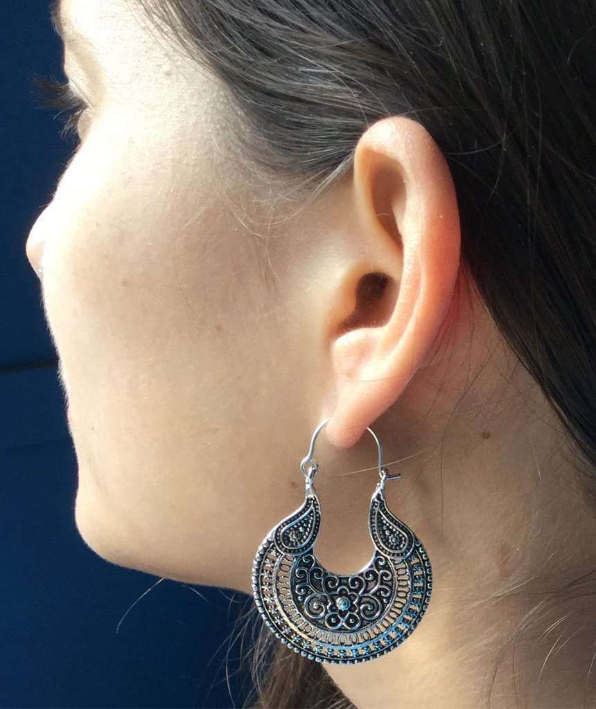 Silver Floral Pattern Hoop Earrings
