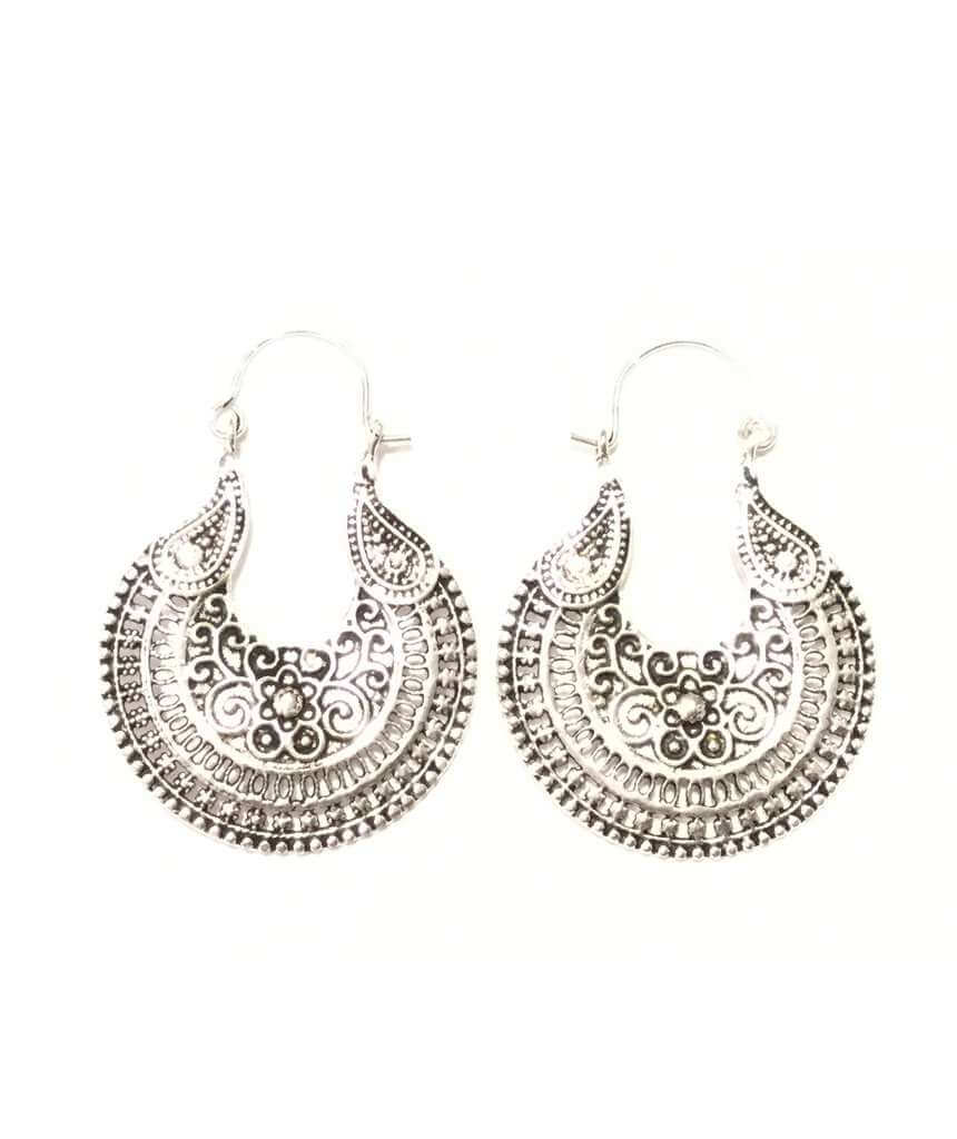 Silver Floral Pattern Hoop Earrings