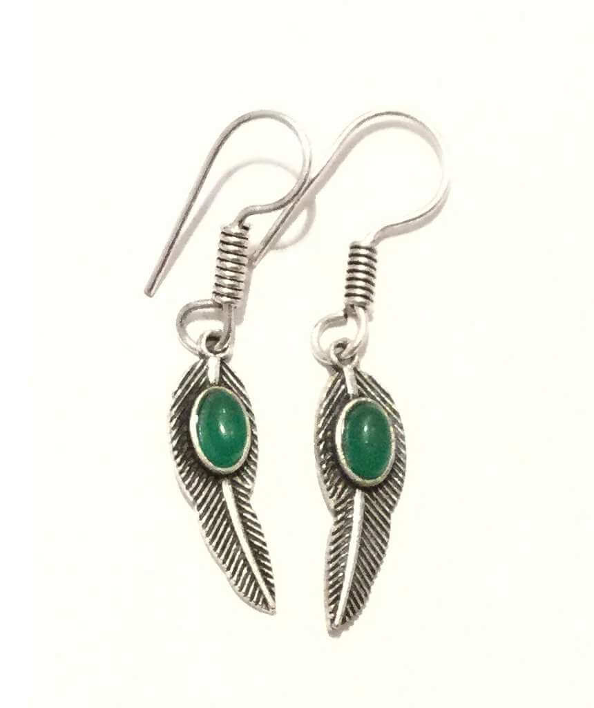 Silver Green Leaf Dangling Earrings