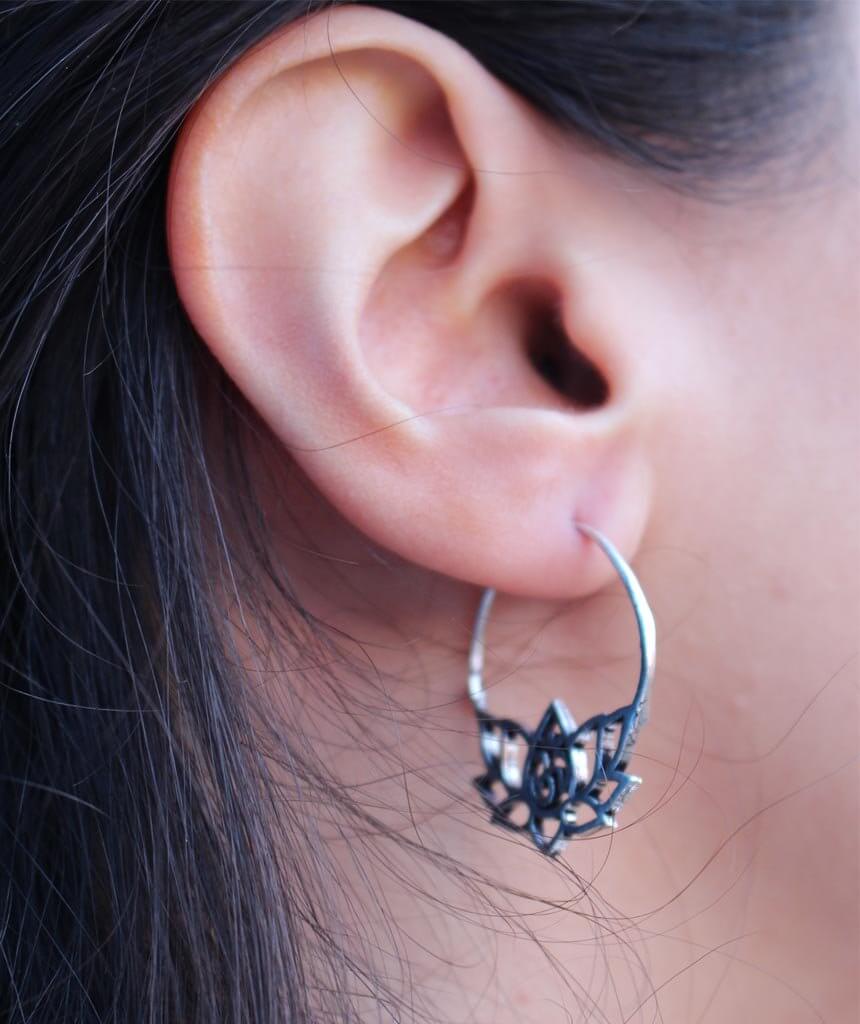 Silver Om Lotus Flower Earrings