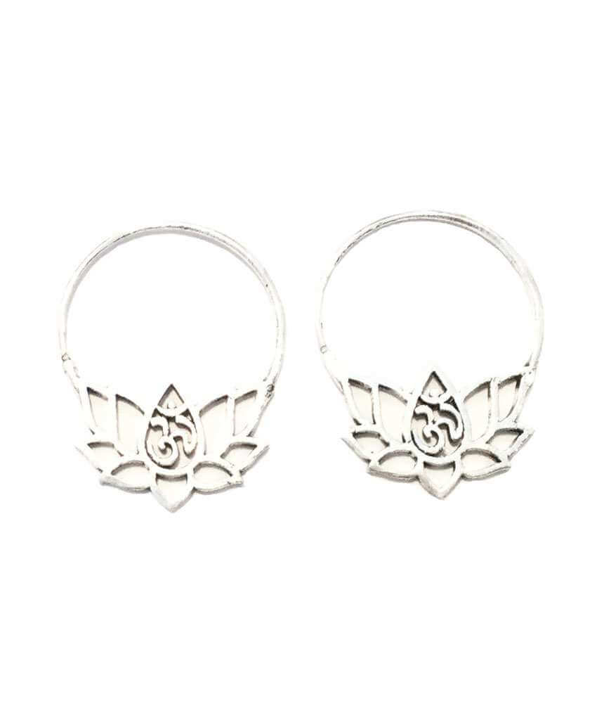 Silver Om Lotus Flower Earrings