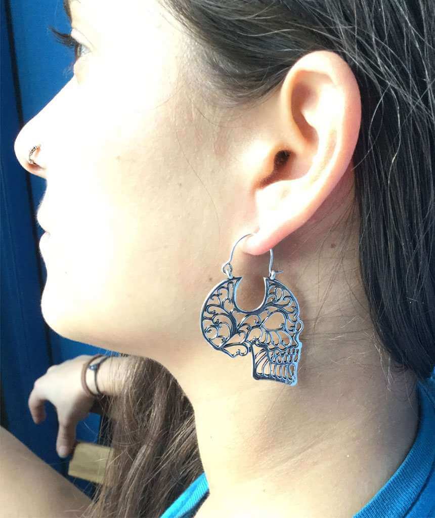 Silver Skull Drop Earrings