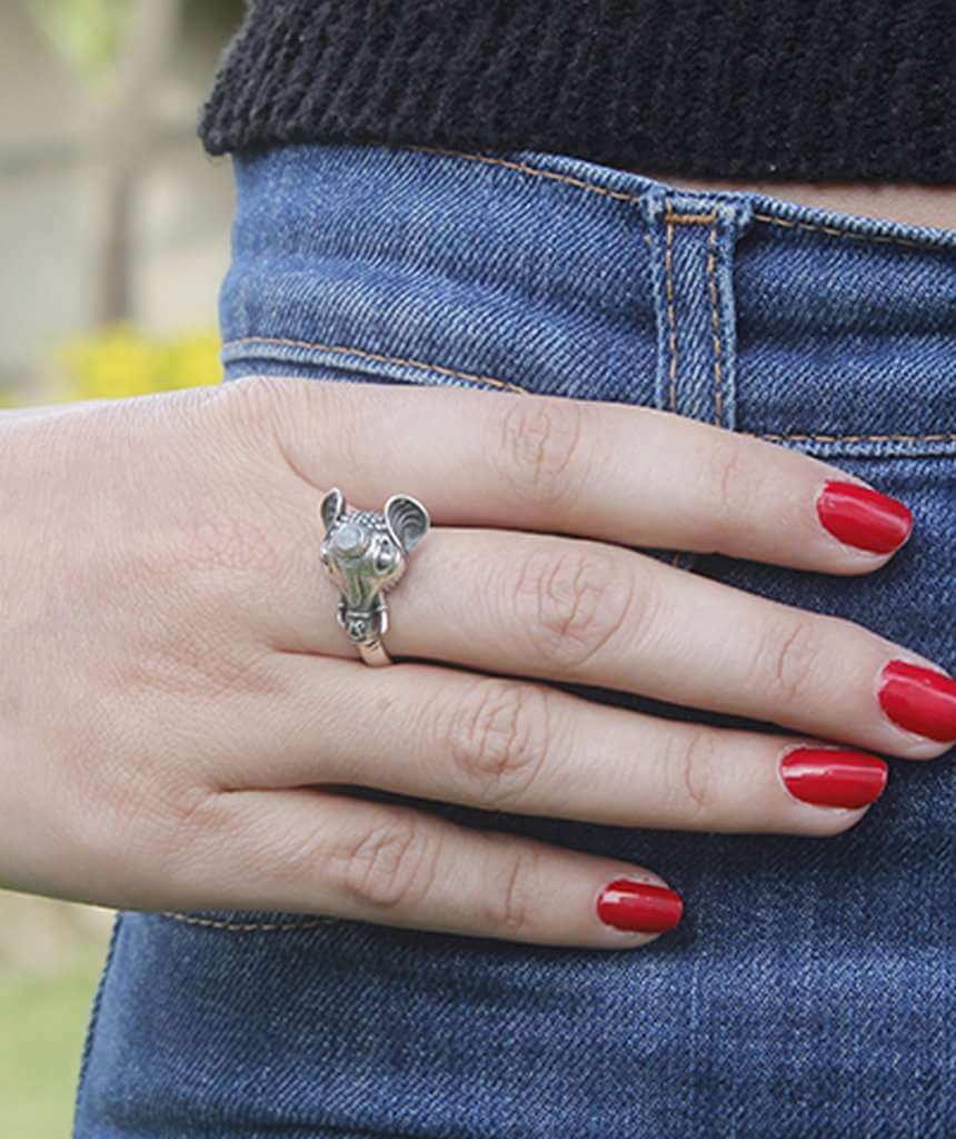 Silver & White Elephant Ring with Semi Precious Stone