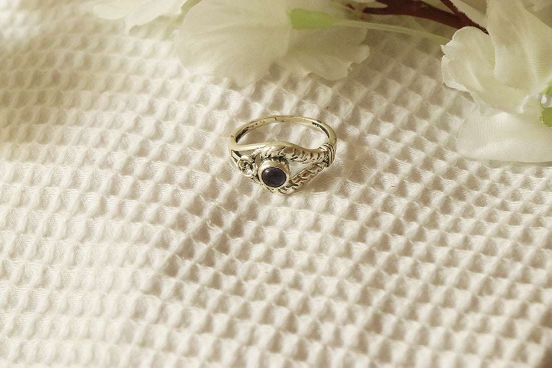 Silver Gemstone Ring with Flower