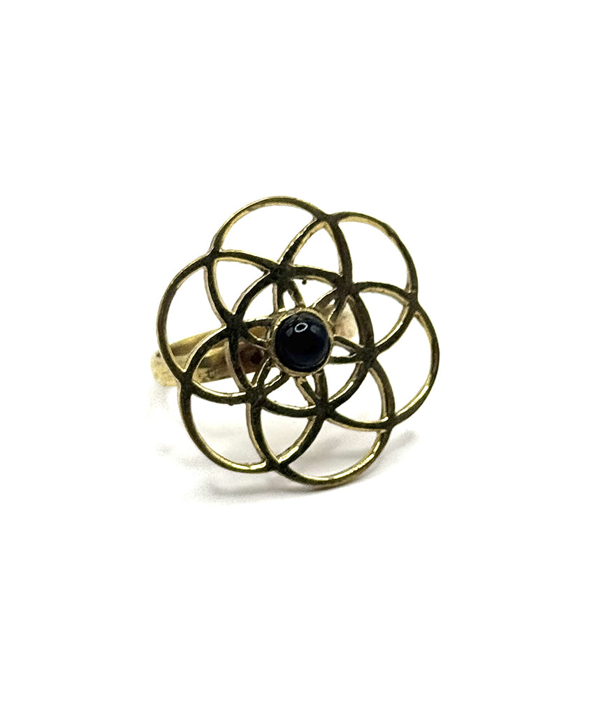 Gold Labyrinth Ring with Black Stone