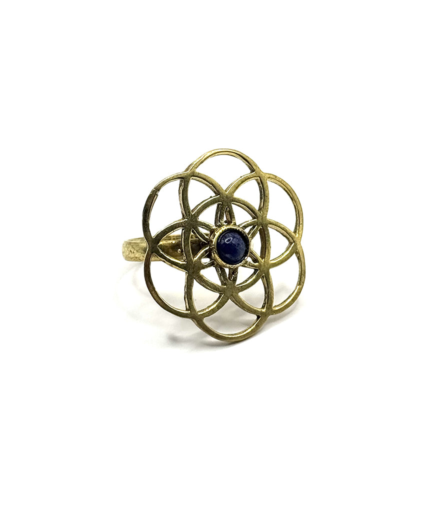 Gold Labyrinth Ring with Blue Stone