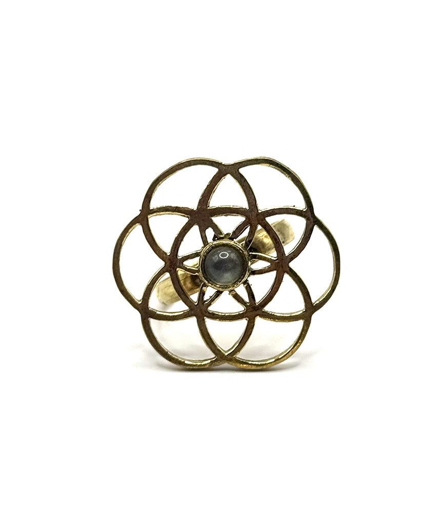 Gold Labyrinth Ring with Grey Moonstone