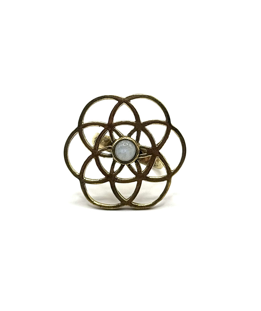 Gold Labyrinth Ring with White Moonstone