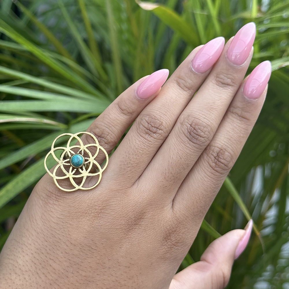 Gold Labyrinth Ring with Turquoise Stone