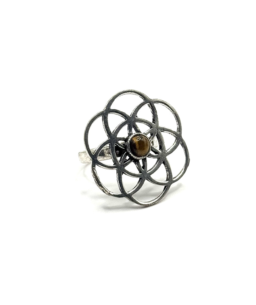 Silver Labyrinth Ring with Brown Tiger's Eye Stone