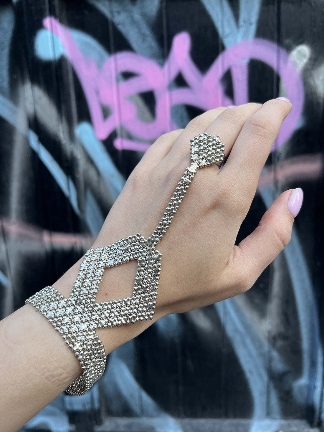 Silver Cuffed Cut Out Diamond Hand Harness