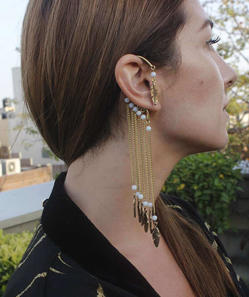 Gold Boho Earcuff Feathers with Beads