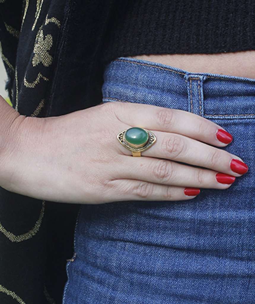 Gold Boho Ring with Green Stone