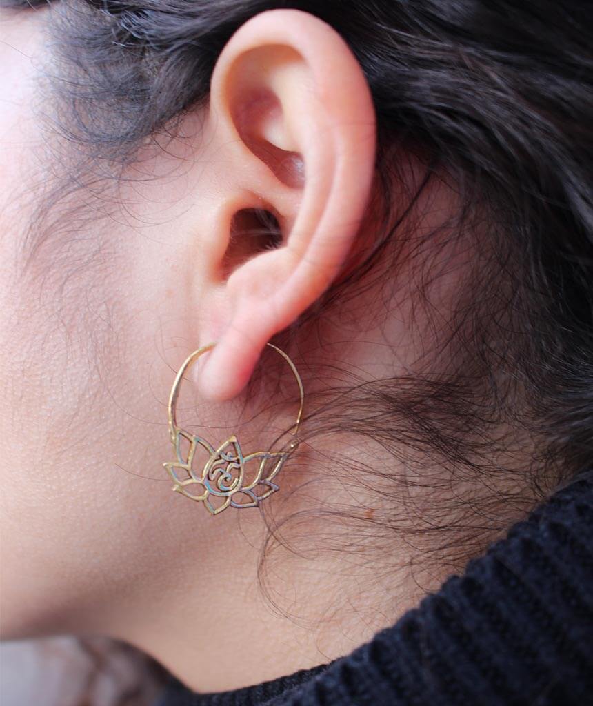 Gold Om Lotus Flower Earrings
