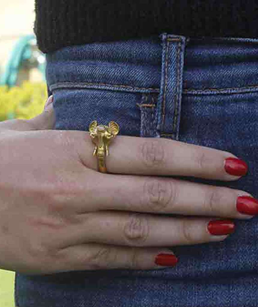 Gold & White Elephant Ring with Semi Precious Stone