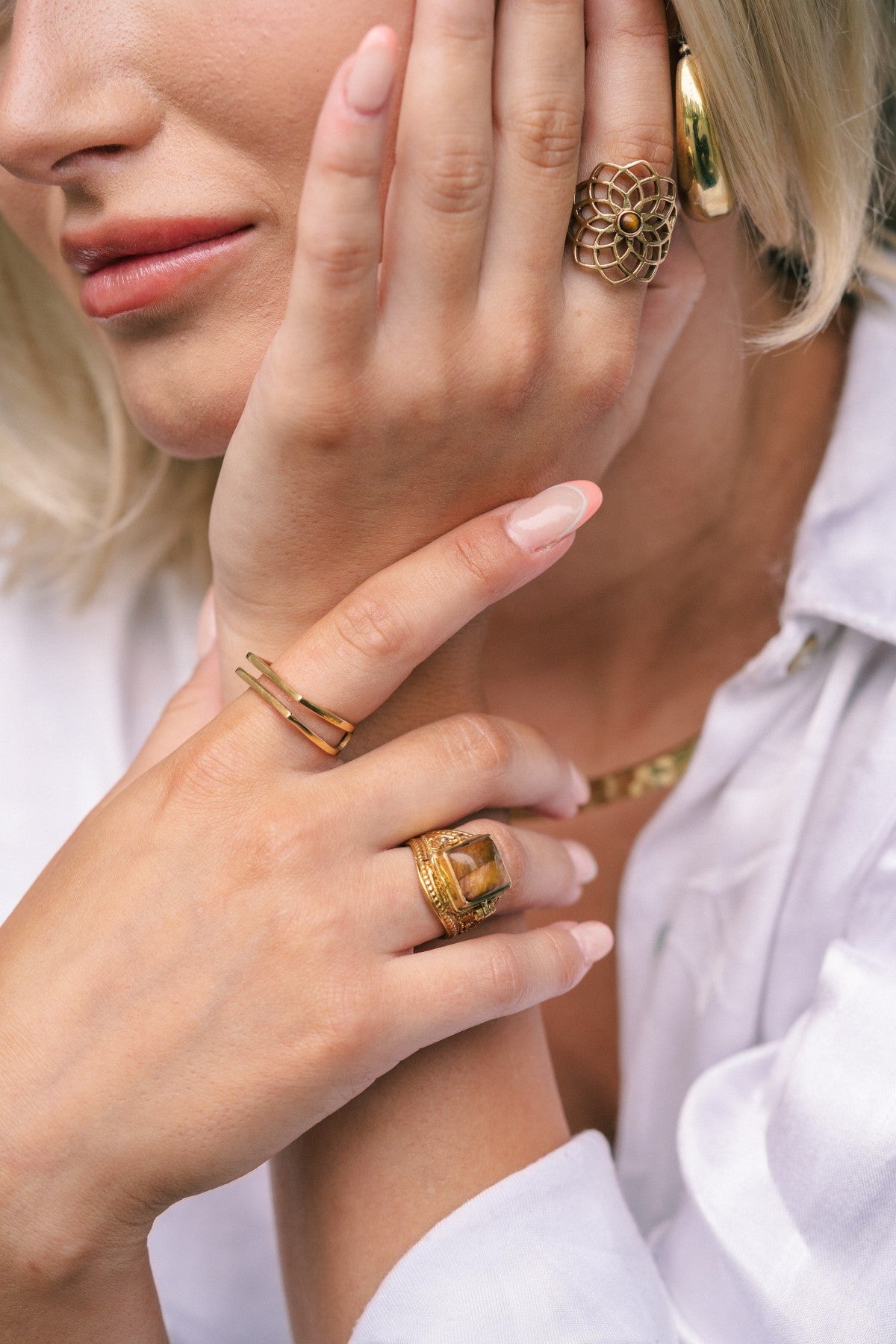 Geometric Flower Ring with Stone