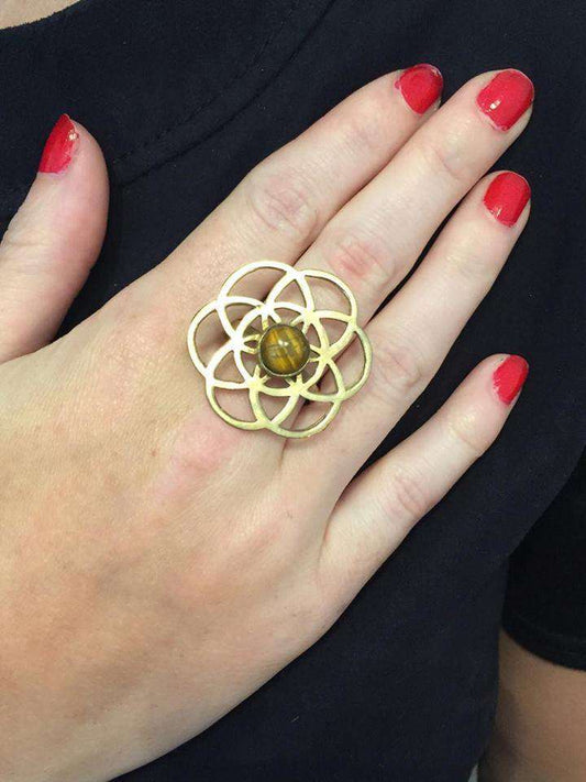 Gold Labyrinth Ring with Brown Tiger's Eye Stone