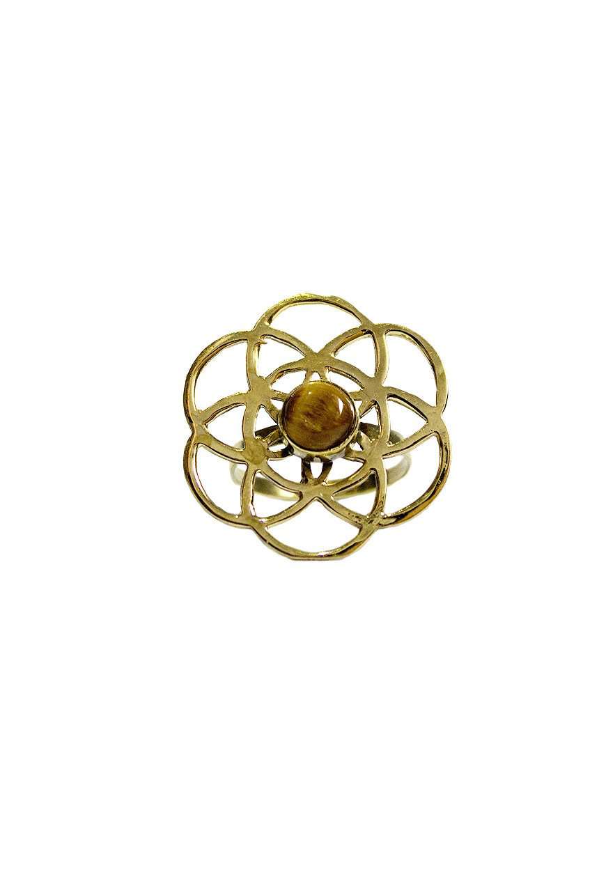 Gold Labyrinth Ring with Brown Tiger's Eye Stone