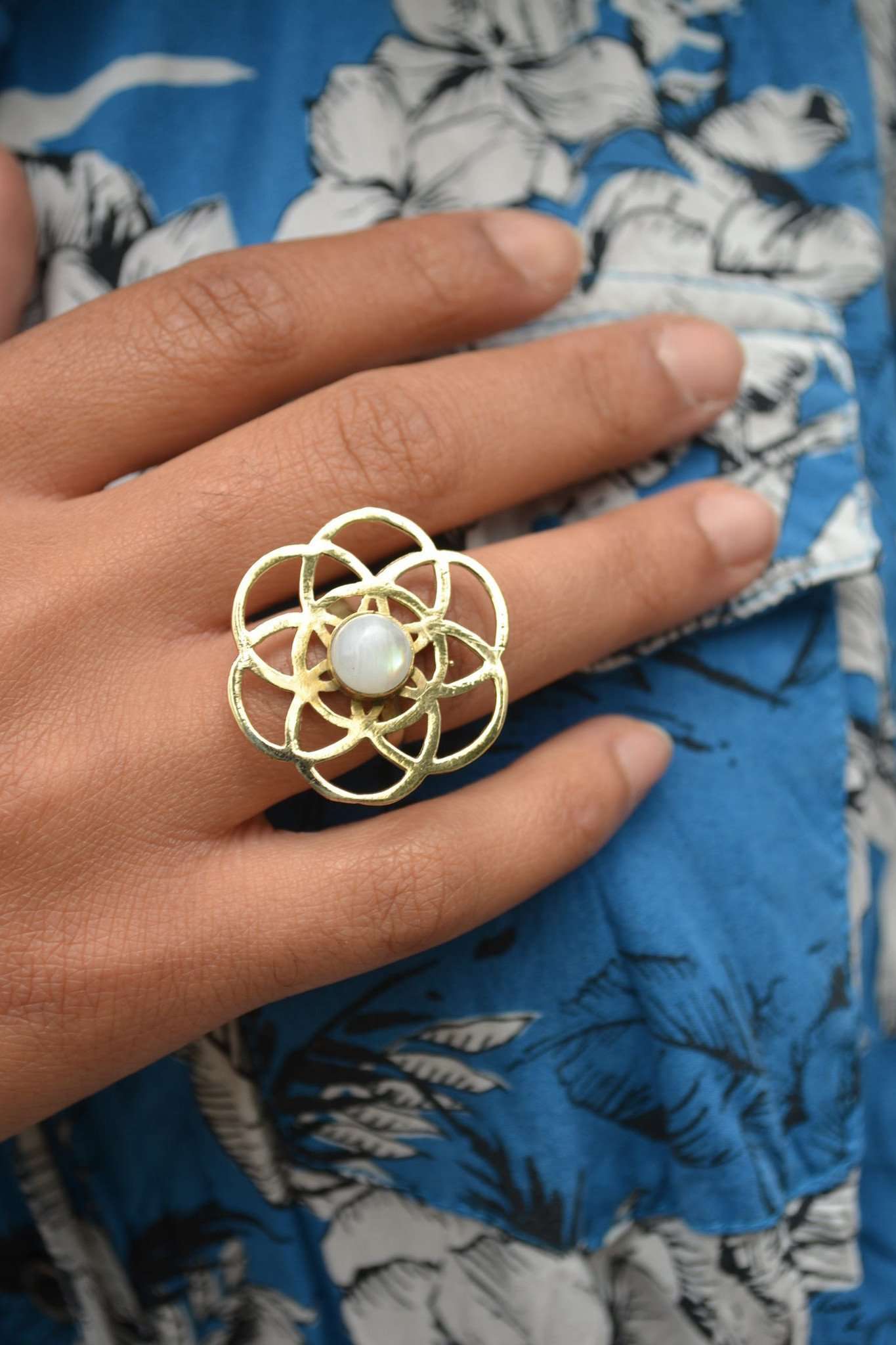 Gold Labyrinth Ring with White Moonstone