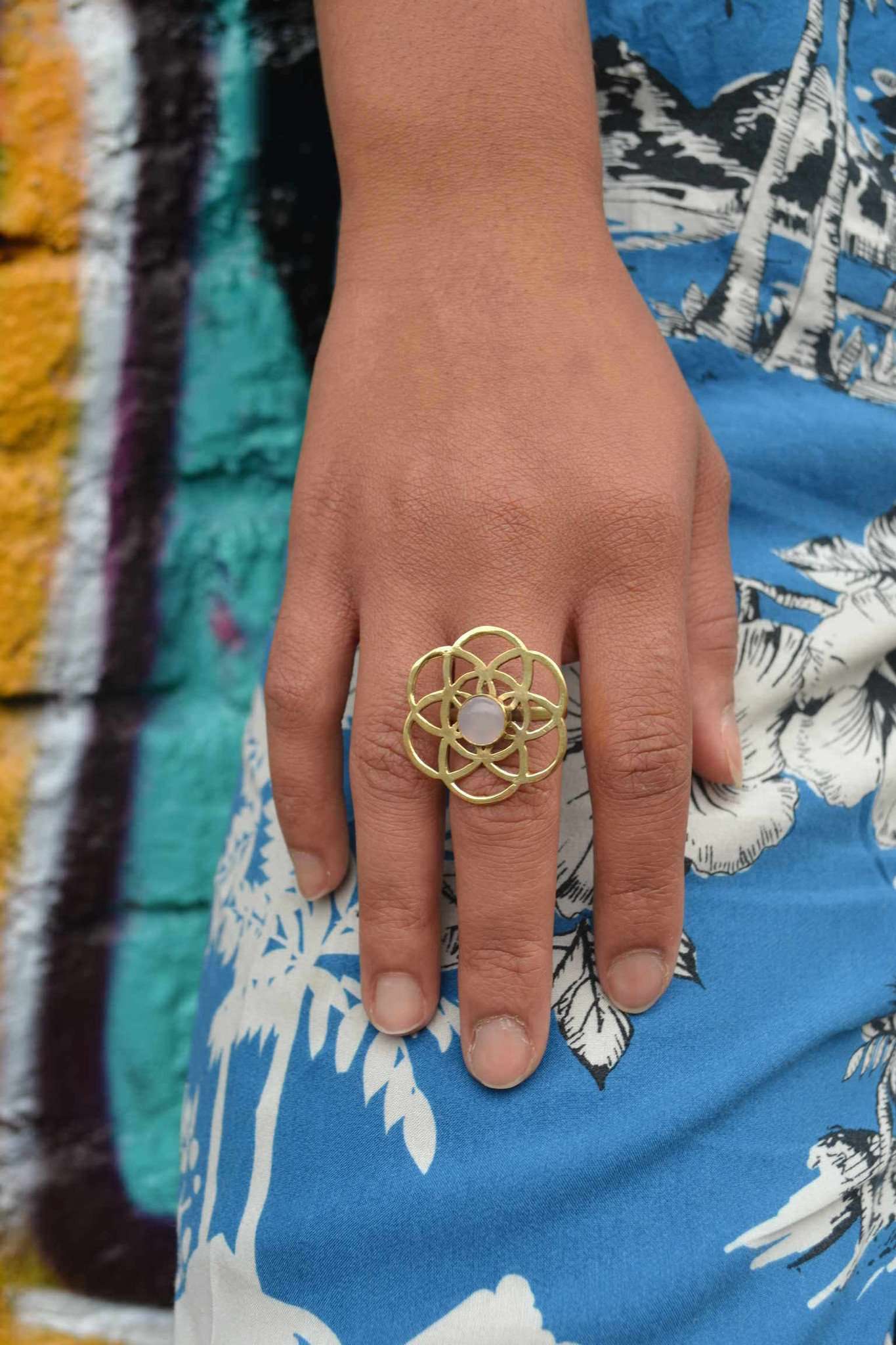 Gold Labyrinth Ring with White Moonstone
