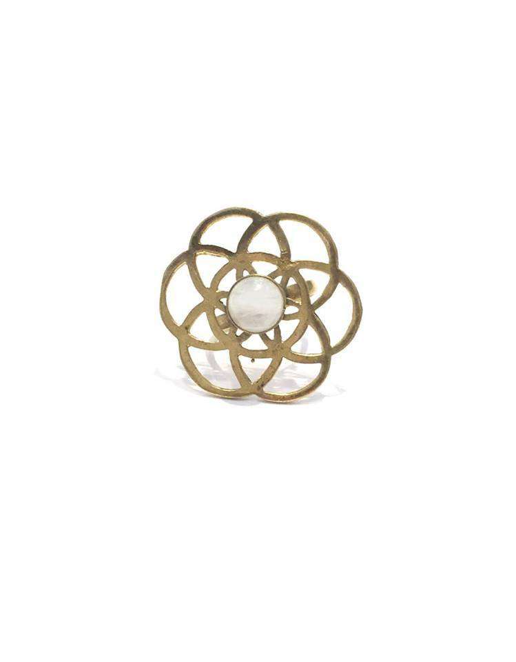 Gold Labyrinth Ring with White Moonstone