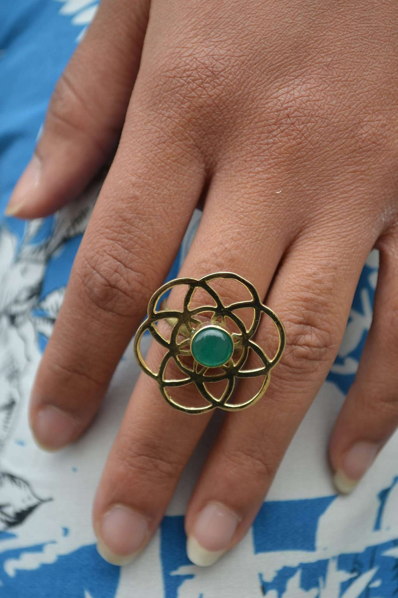 Gold Labyrinth Stone Ring with Green Emerald Stone