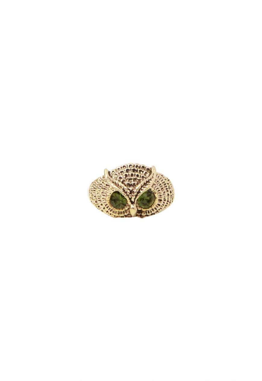 Gold & Green Owl Ring with Semi Precious Stone