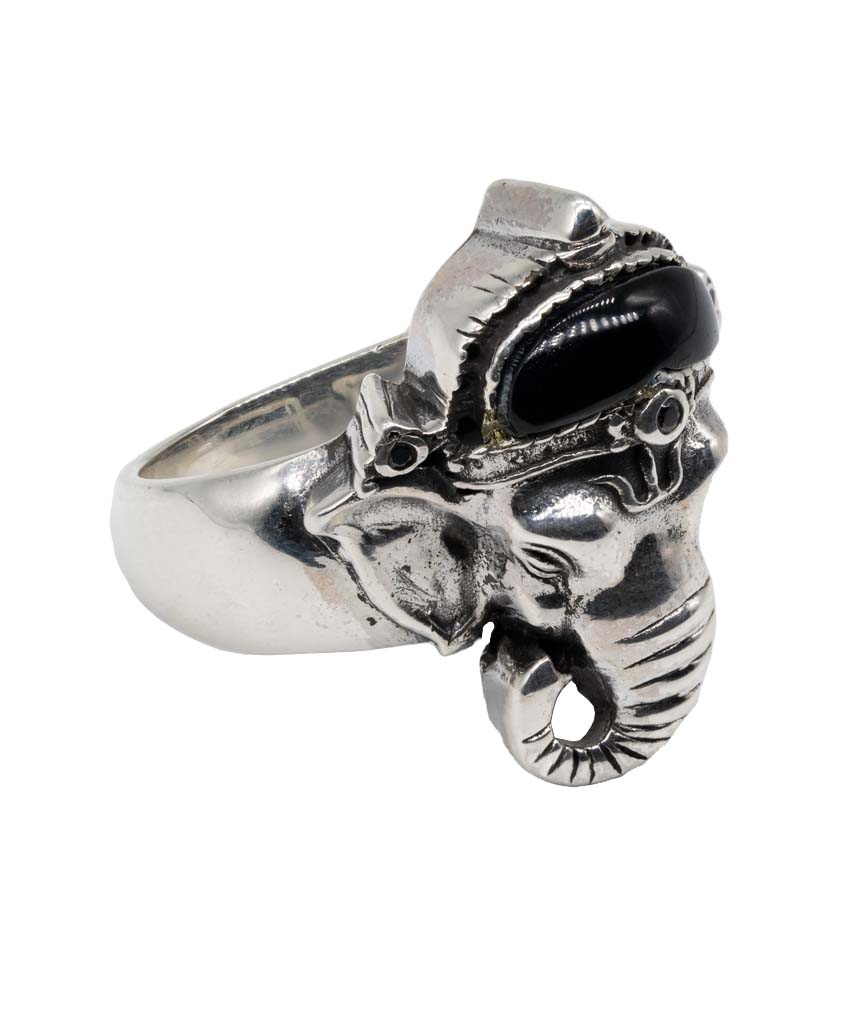 Premium Silver Elephant with Black Hat Ring