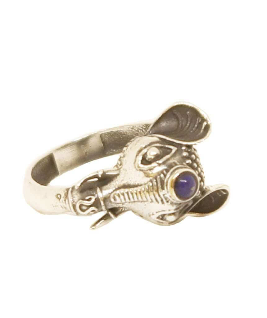 Silver & Blue Elephant Ring with Semi Precious Stone