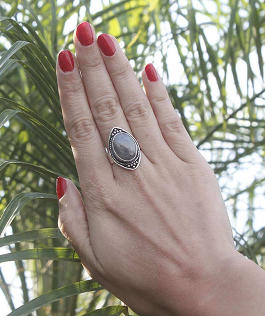 Silver Boho Ring with Gery Stone
