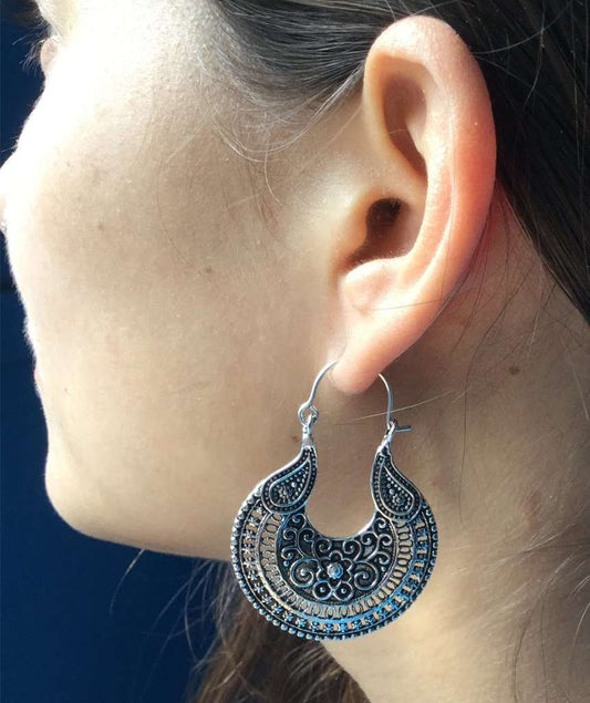 Silver Floral Pattern Hoop Earrings
