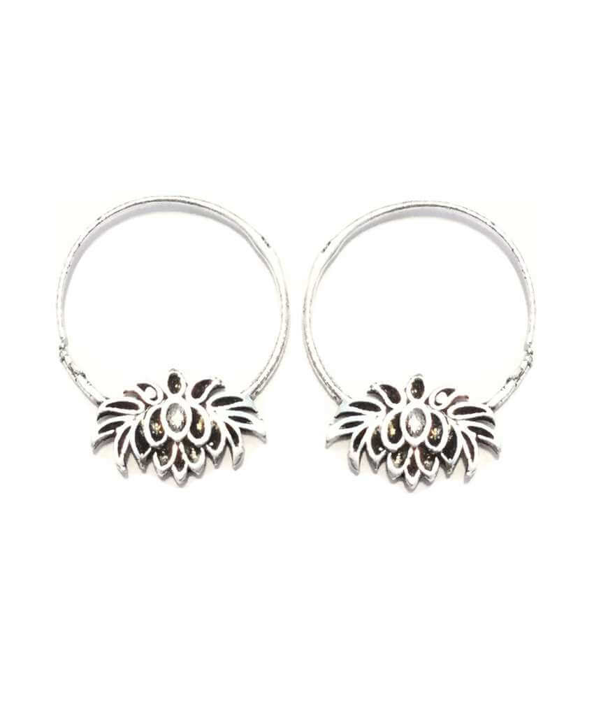 Silver Lotus Flower Hoops Earrings