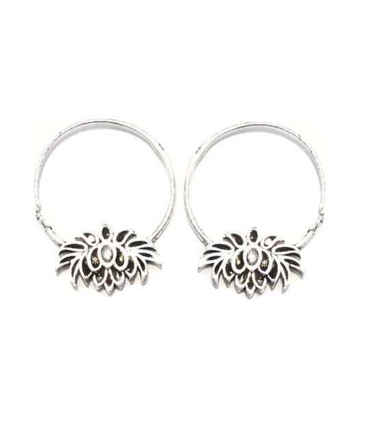 Silver Lotus Flower Hoops Earrings
