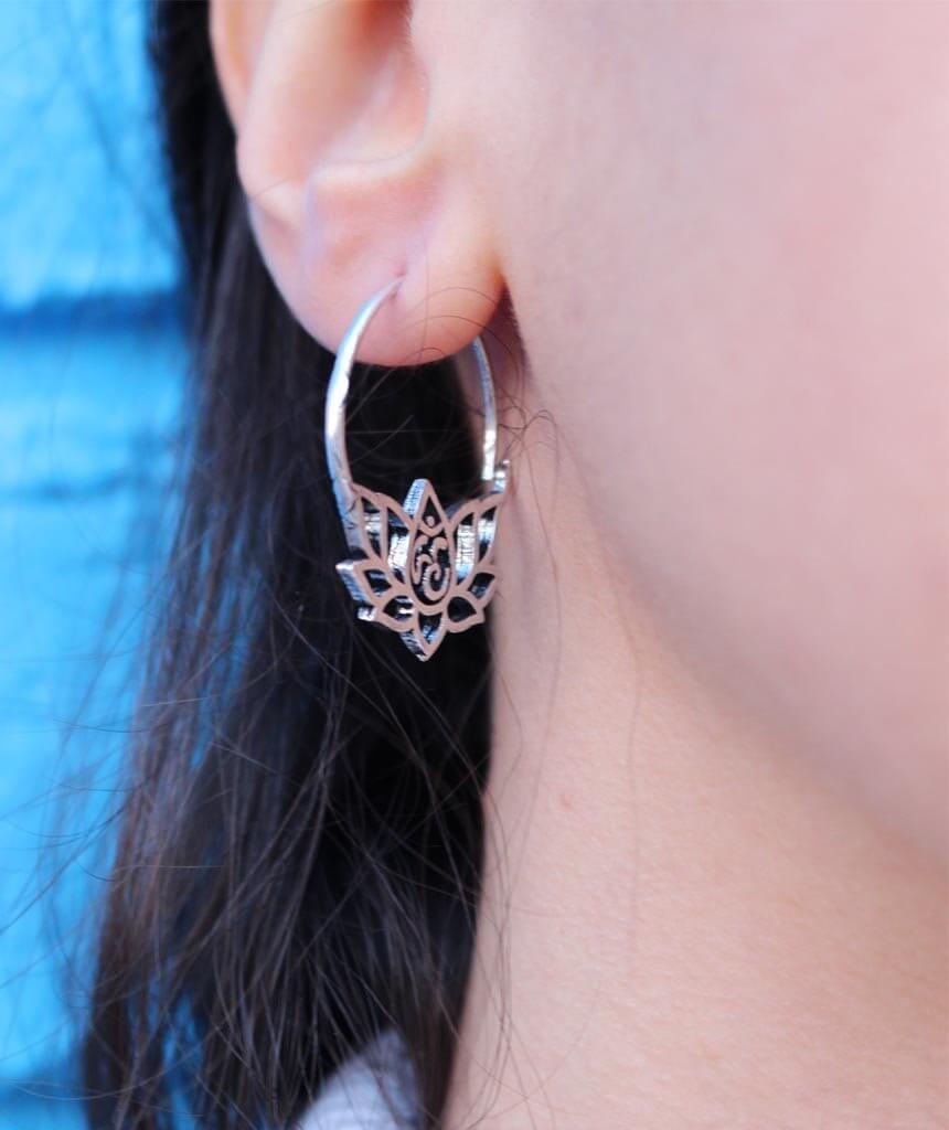 Silver Om Lotus Flower Earrings